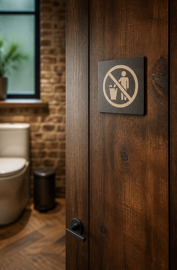 A sign that says 'No Waste or Rubbish In Toilet' on a bathroom wall.
