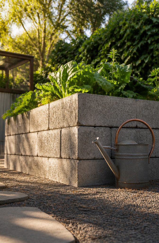 A raised garden bed made from dry-stacked cinder blocks.