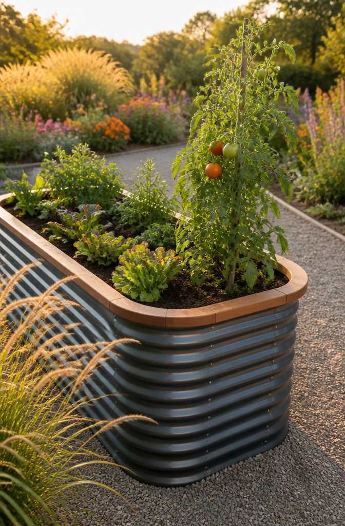 Raised garden bed with corrugated metal sides and wooden trim.