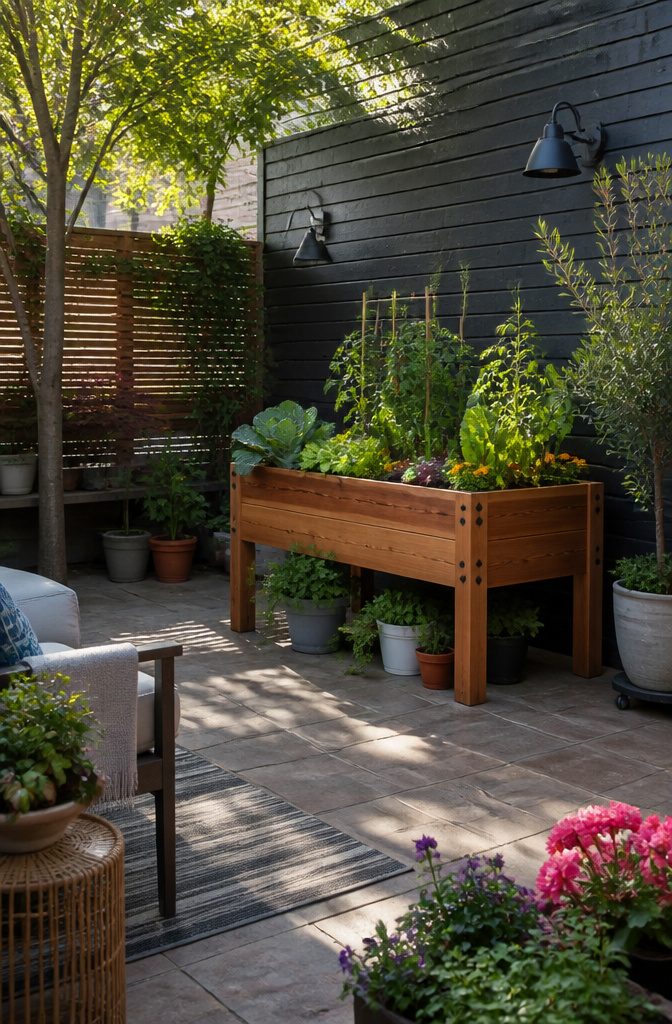 A waist-high raised garden box filled with soil and plants.