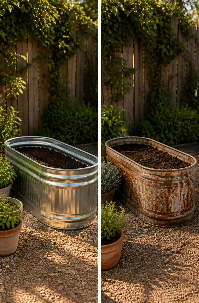 Stock tanks and galvanized tubs used as raised garden beds.