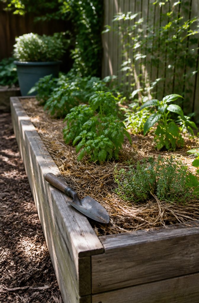A raised garden bed with mulch and growing herbs in a garden.