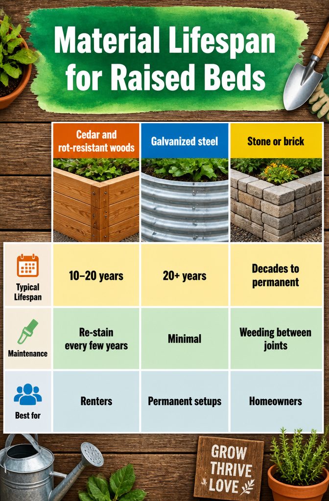 A comparison chart of material lifespans for raised beds.