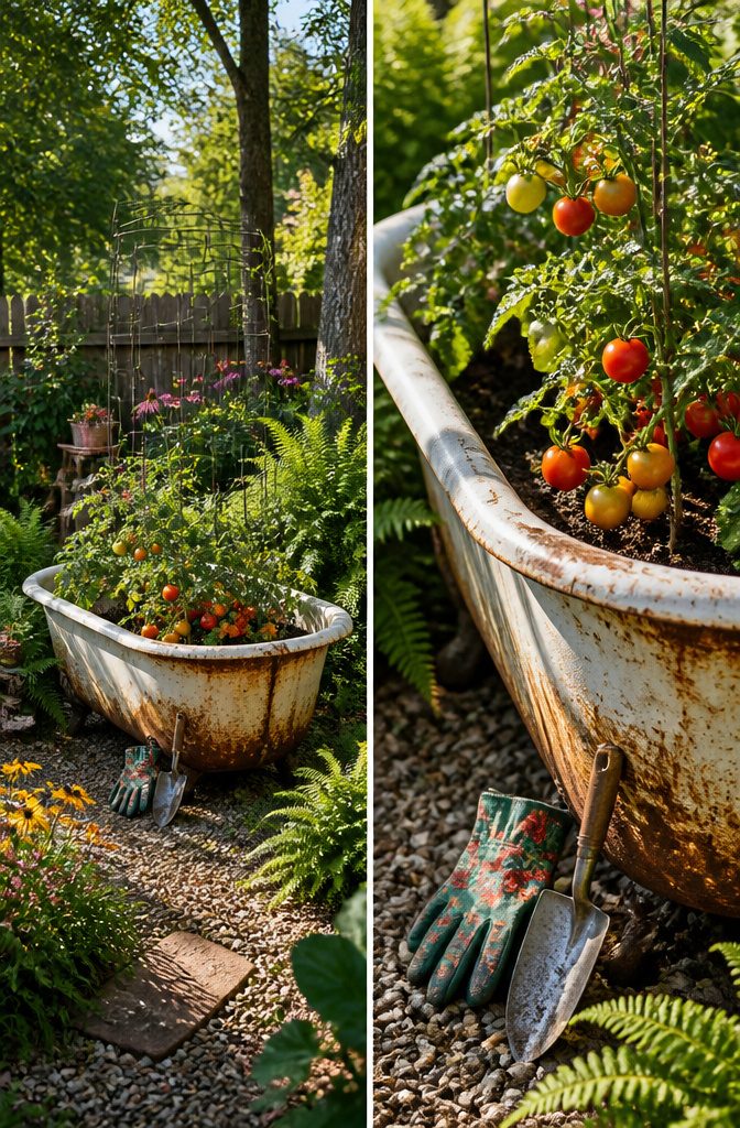 An old bathtub transformed into a raised garden bed.