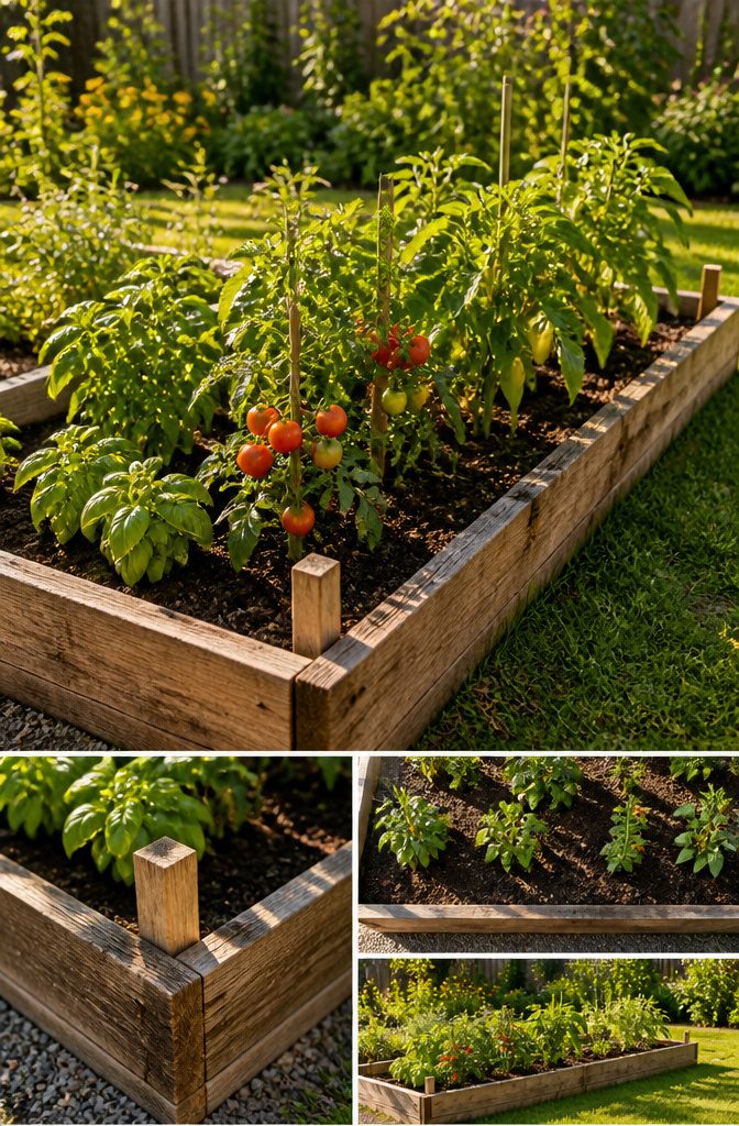 A themed garden bed featuring plants for a pizza garden.
