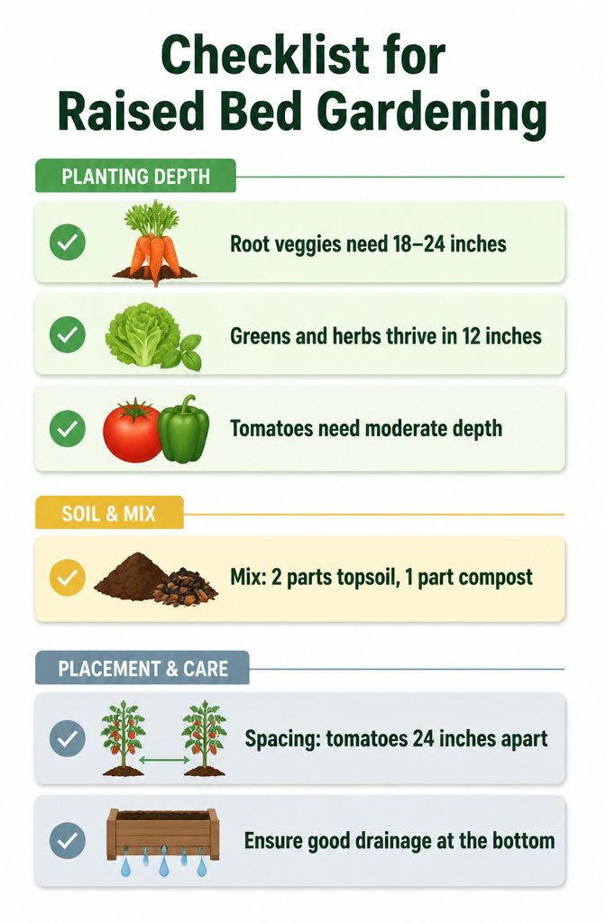A checklist for raised bed gardening showing different plants and their requirements.