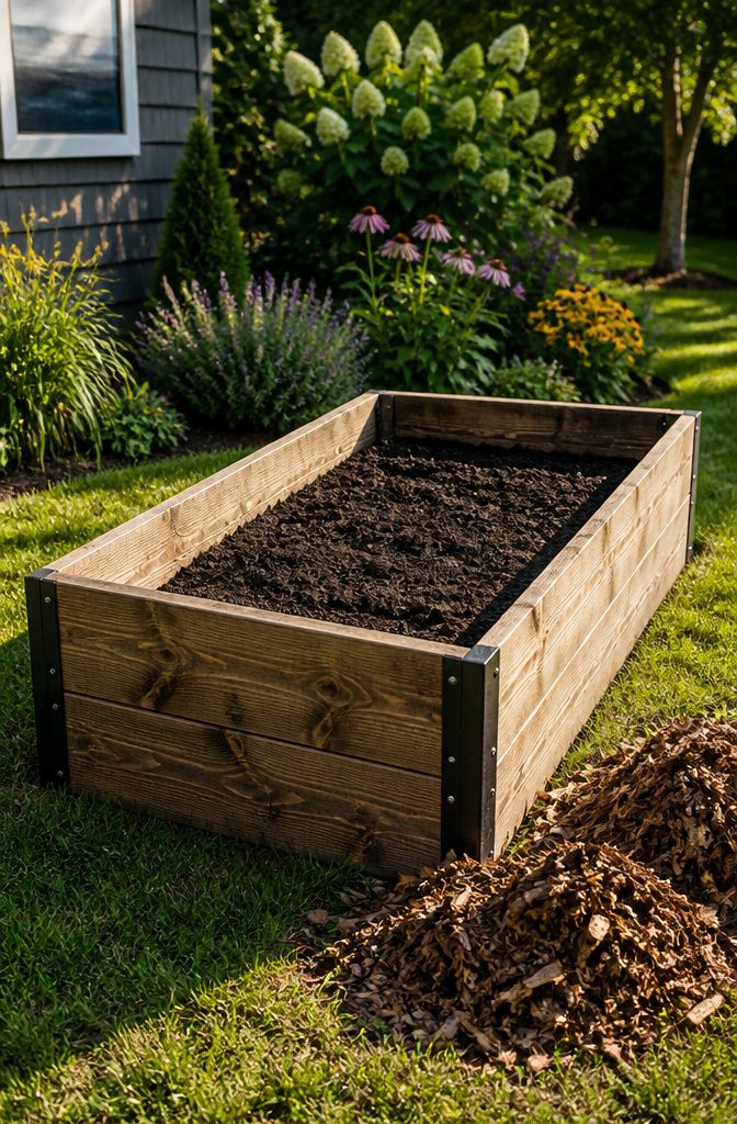 A rectangular raised garden bed made from cedar boards and surrounded by grass.