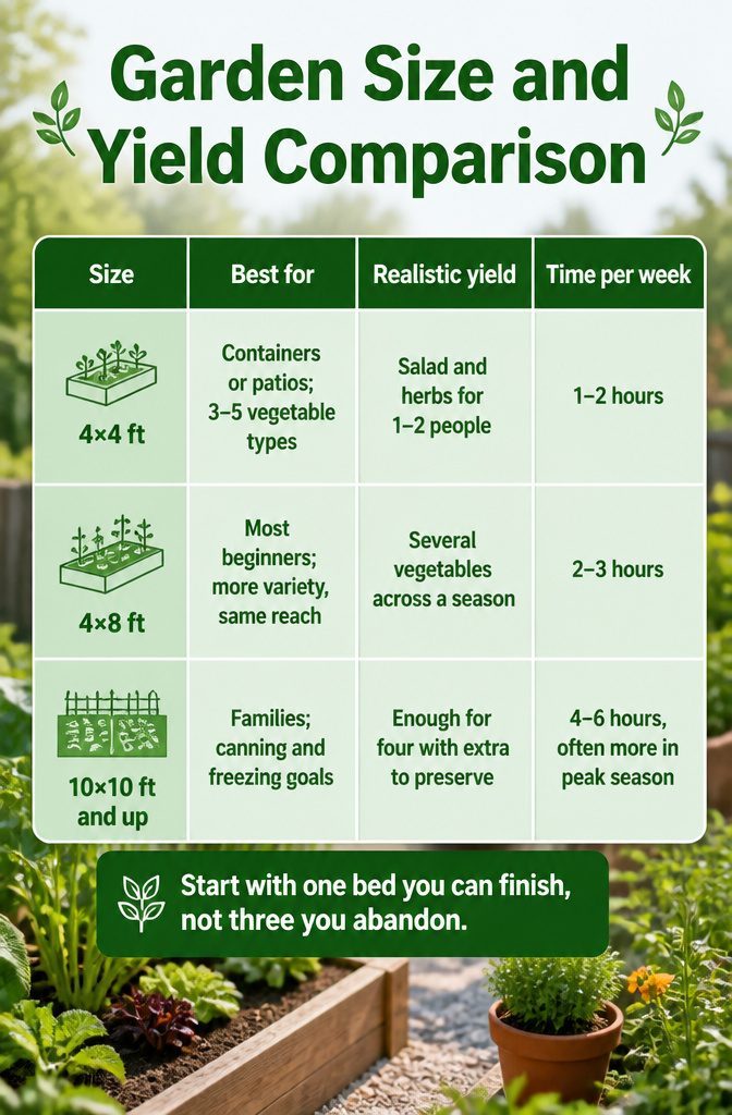 Beginner Vegetable Garden: A Complete Guide to Starting in 2026 10 A comparison chart of different garden sizes and yields.