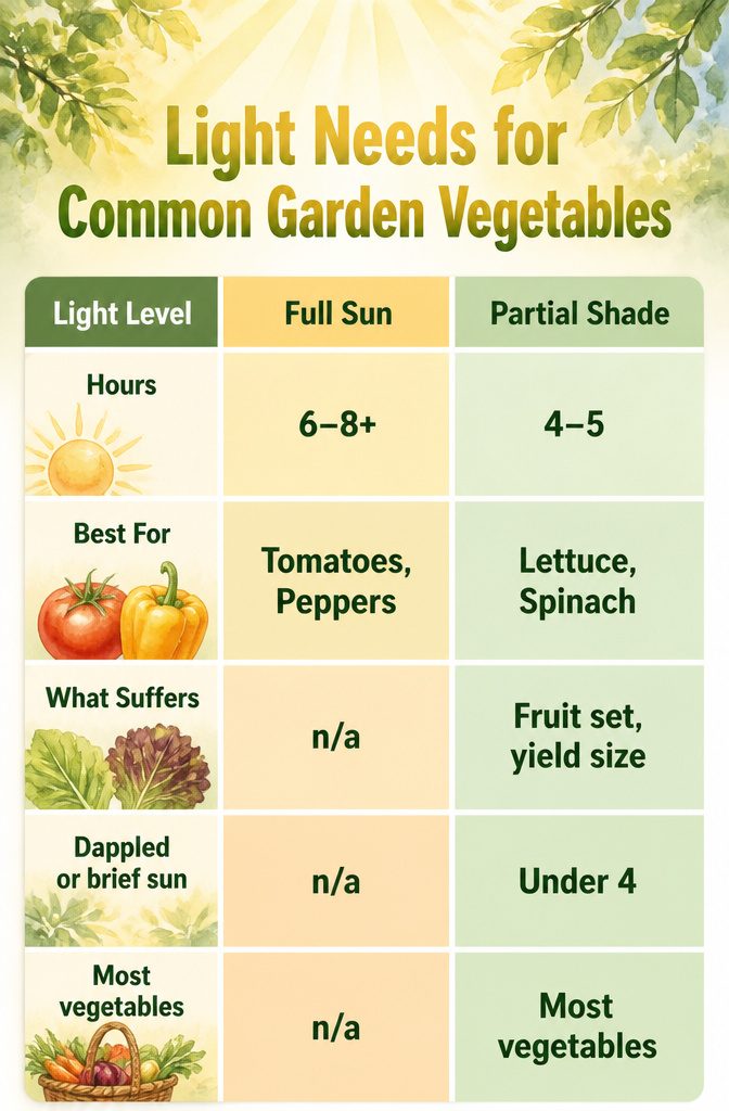 Beginner Vegetable Garden: A Complete Guide to Starting in 2026 9 A chart showing light needs for common garden vegetables.