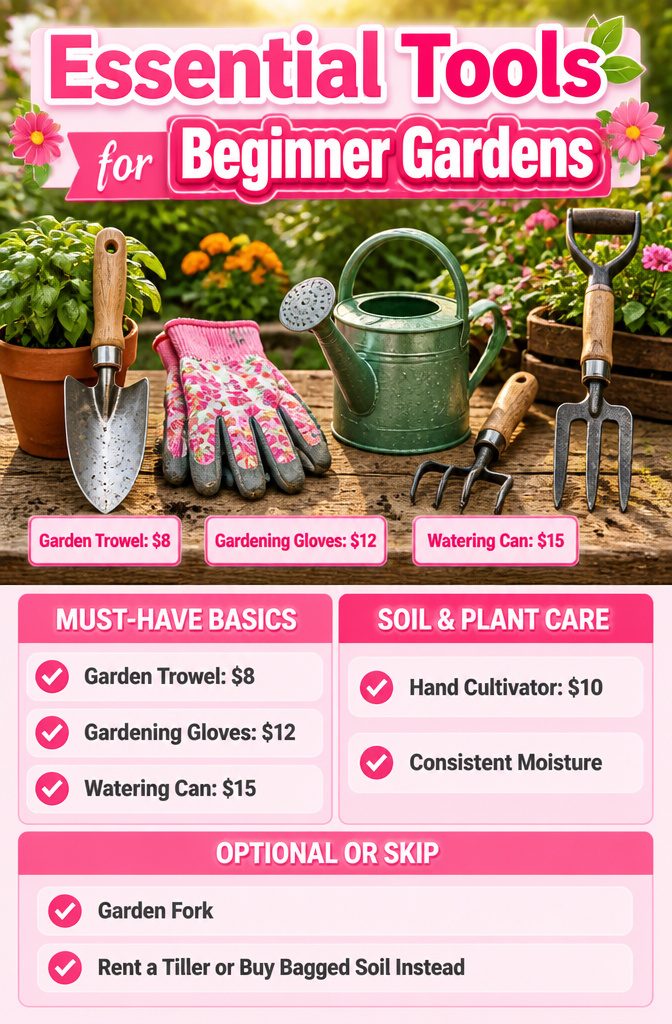 Beginner Vegetable Garden: A Complete Guide to Starting in 2026 12 A collection of basic gardening tools laid out on a surface.