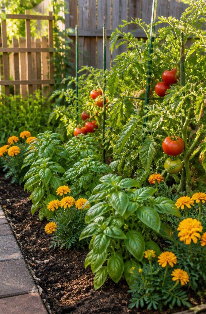 Beginner Vegetable Garden: A Complete Guide to Starting in 2026 13 A vegetable garden bed with tomatoes, basil, and marigolds planted together.