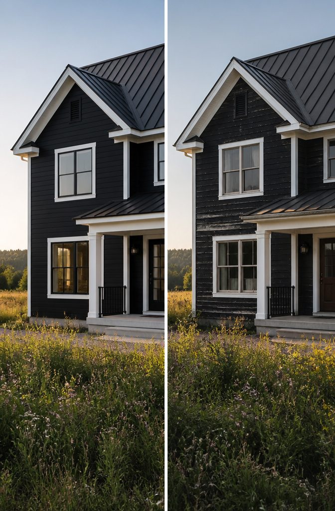 Black house with white trim in various architectural styles.