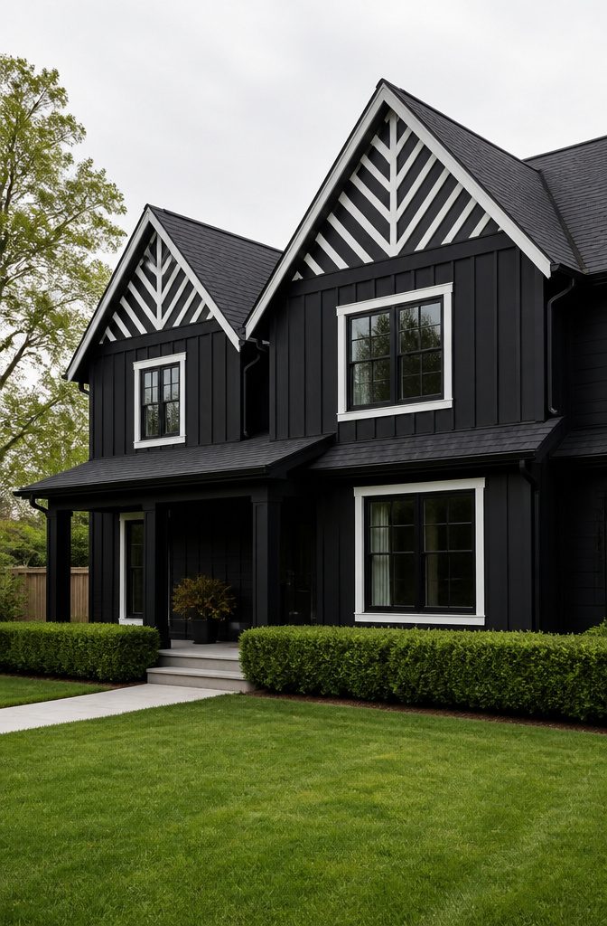 Black house featuring chevron detailing on gable ends.