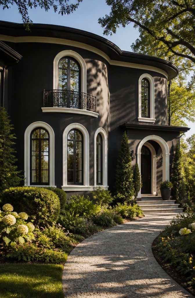 Black house with arched windows and white trim.