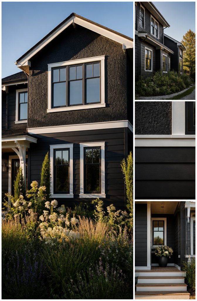 Black house with textured siding and white trim.