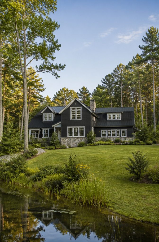 Black house with stone foundation and white trim.
