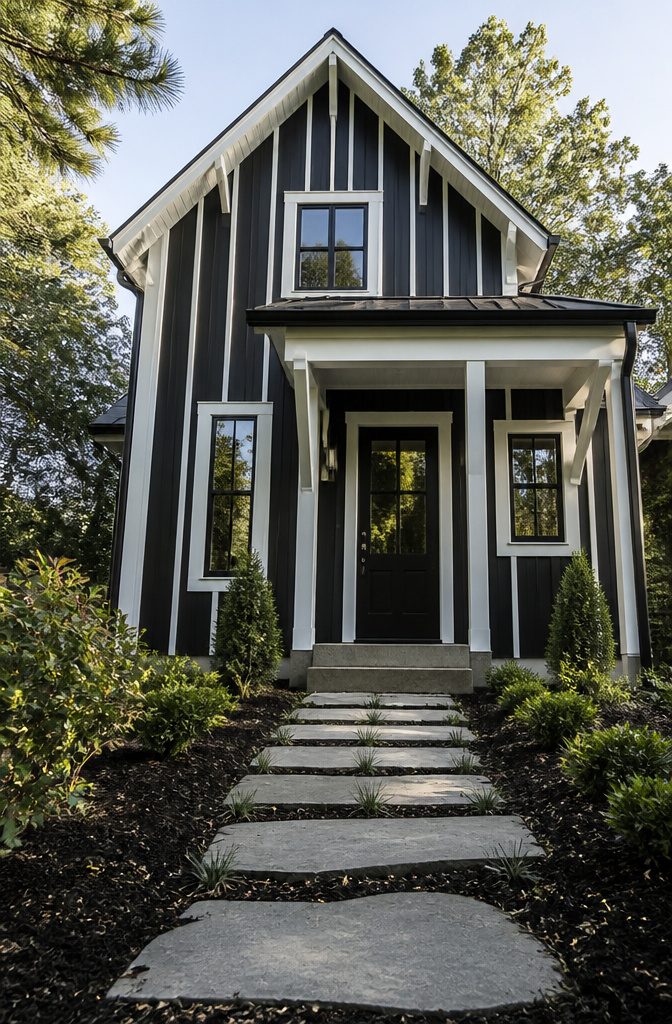 Black house with vertical board and batten siding.