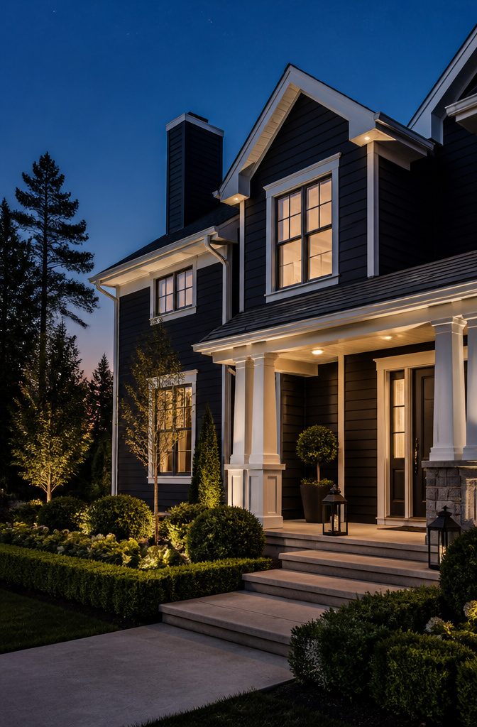 Black house with white trim illuminated by warm lighting.