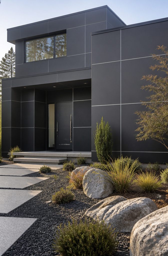 Black house with fiber cement paneling and white trim.