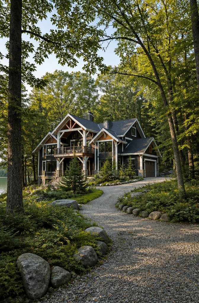 Black house with white timber framing and dark walls.