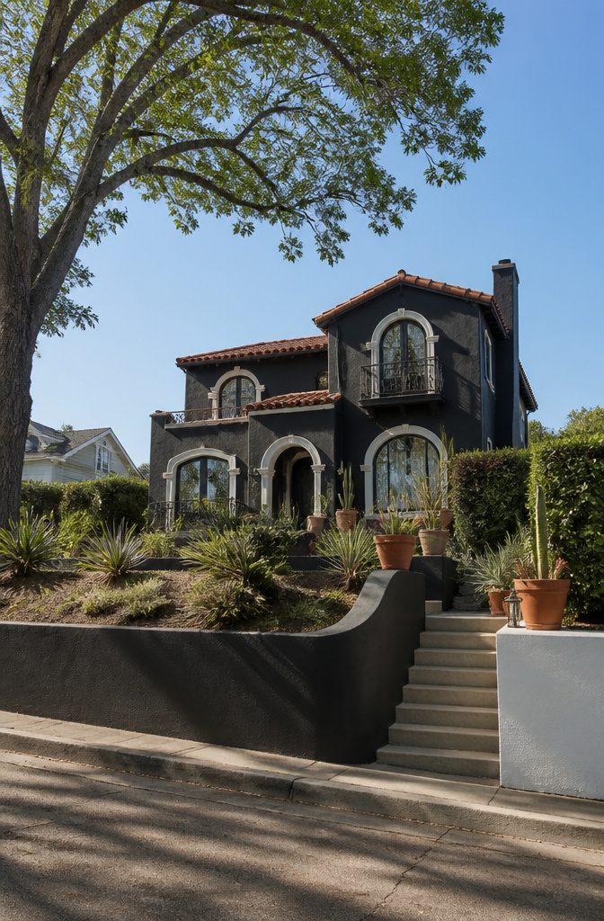 Black house with white trim and clay tile roof.