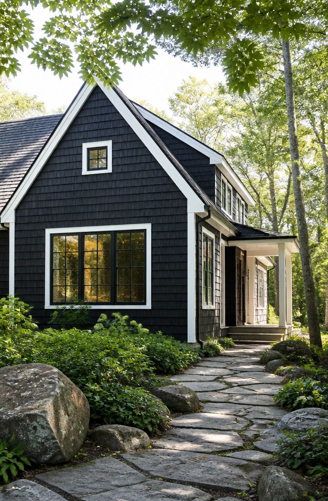 Black house with staggered cedar shakes and white trim.