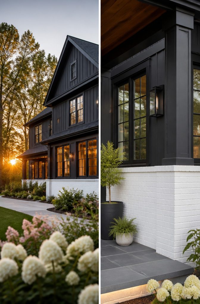 Black house with white brick trim and mortar joints.