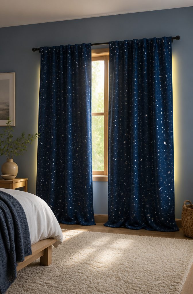 Blue star print blackout drapes hanging in a softly lit bedroom.