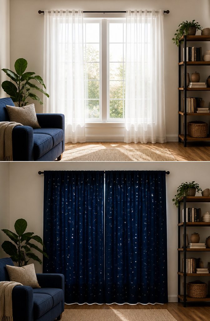Comparison of light blocking between blackout and room darkening curtains.