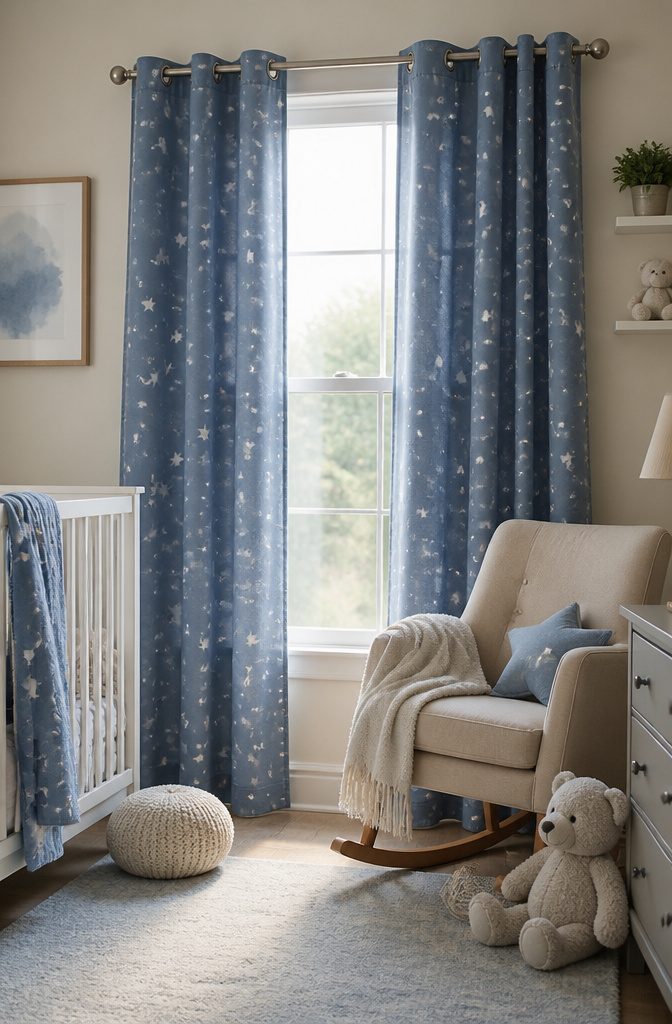 Blue star curtains framing a nursery with playful decor.