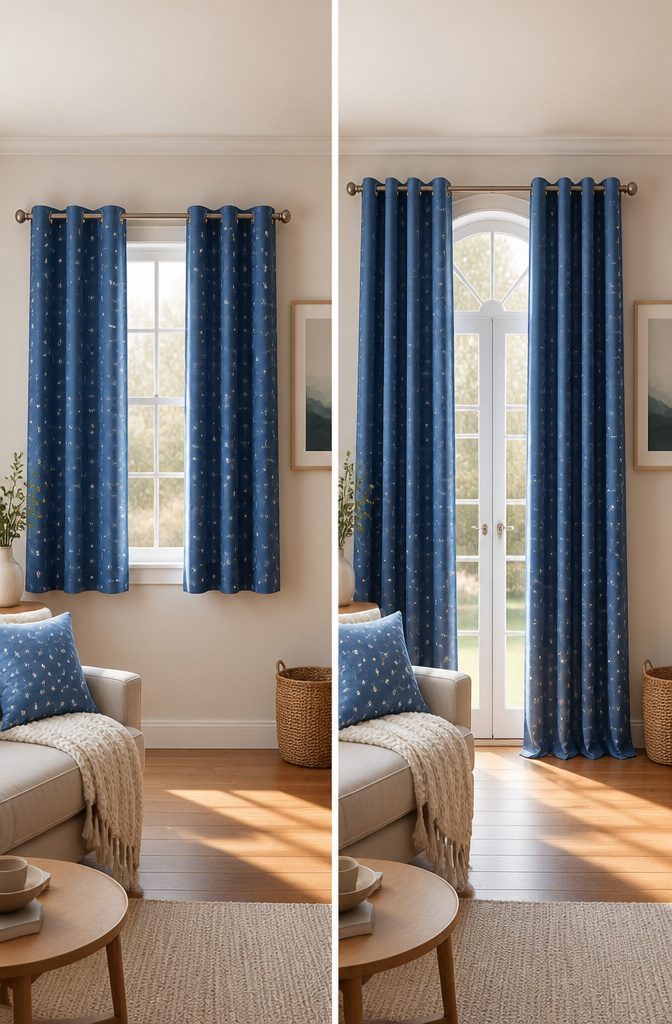 Blue star eyelet curtain pairs displayed in two different lengths.