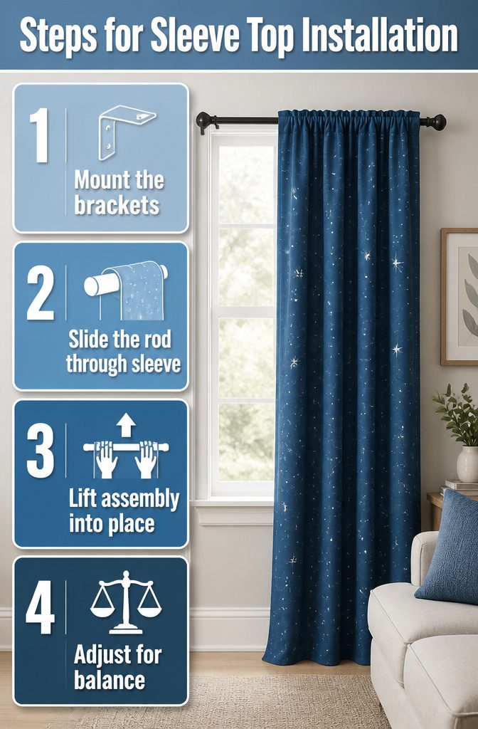 Illustration of sleeve top installation for blue star curtains.