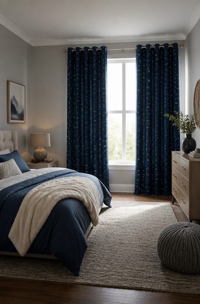 Thermal blue star curtains hanging in a room with natural light.