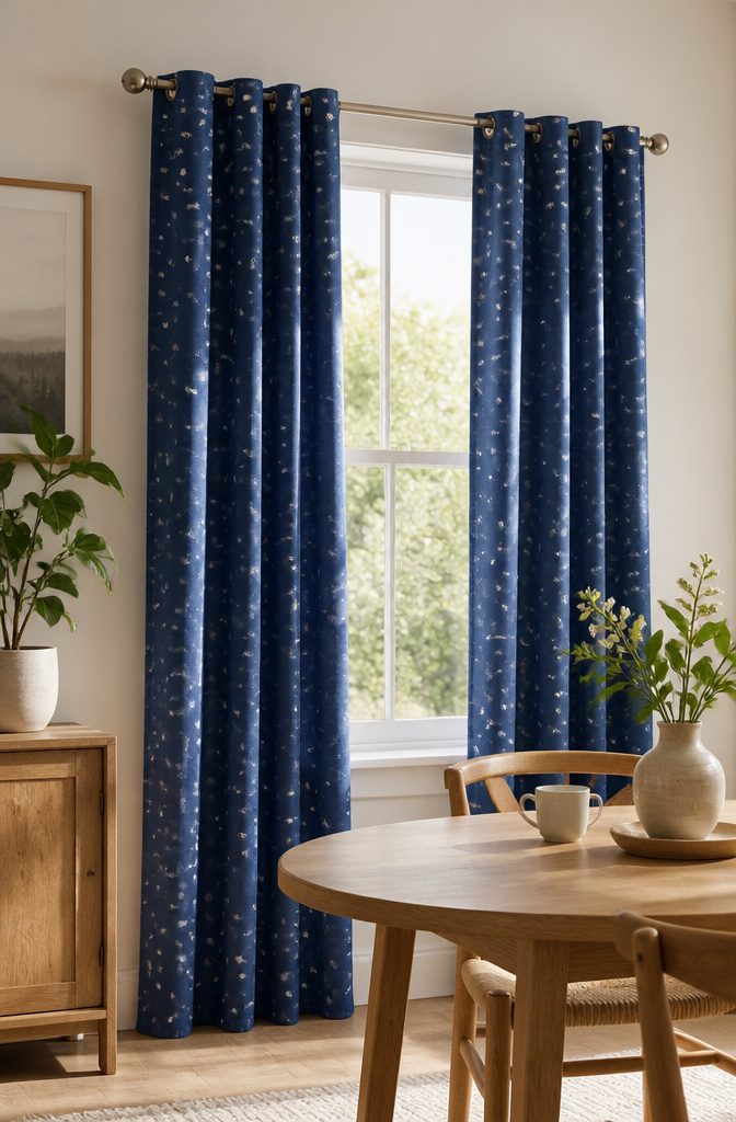 Blue star curtains made from polyester peach skin in a breakfast nook.