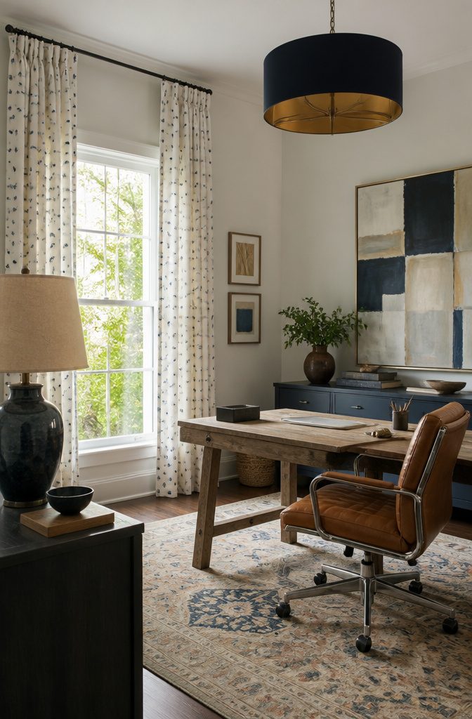 Blue star curtains framing a window in a dynamic home office setting.