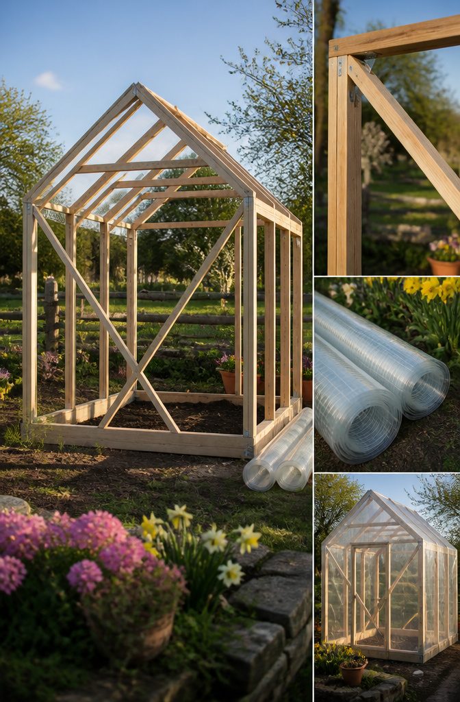 Cross supports installed diagonally on a greenhouse frame for stability.