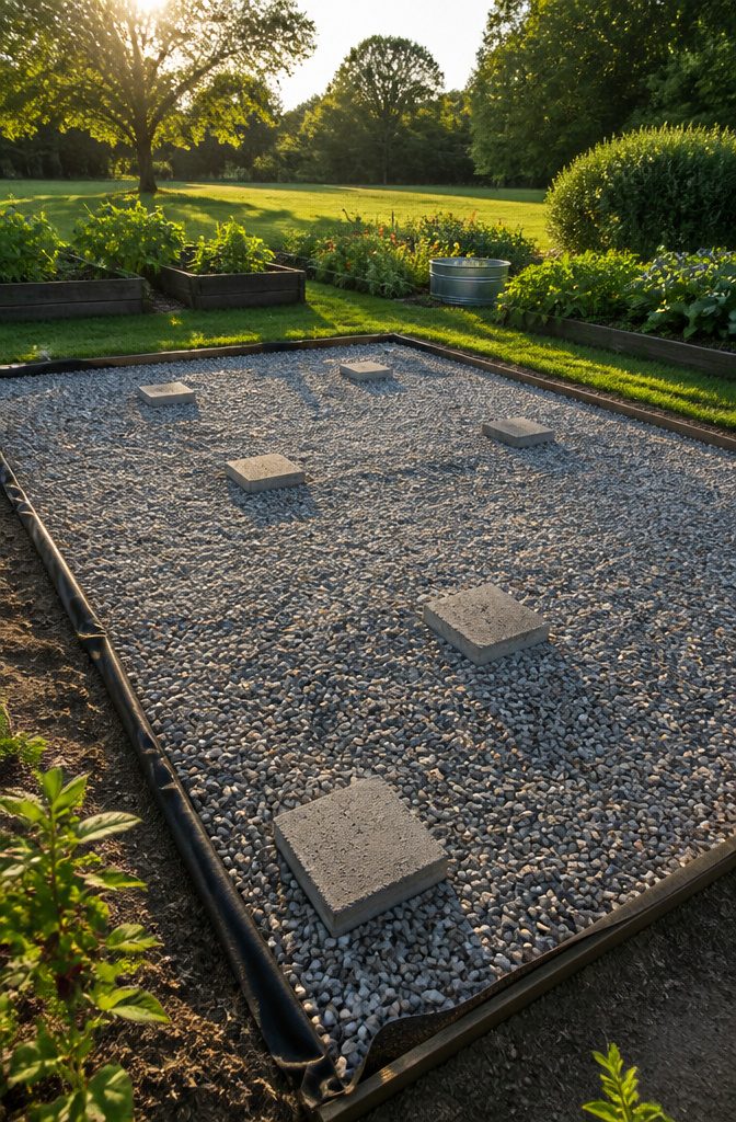 Gravel and deck blocks arranged as a stable base for the greenhouse.