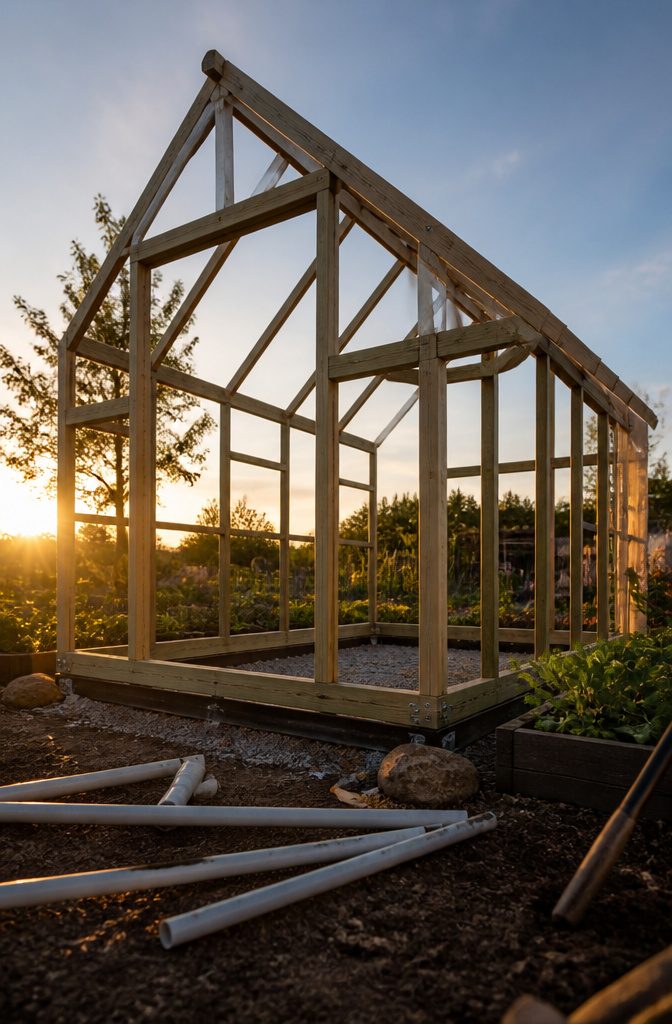 Bending PVC pipe into a hoop structure for a greenhouse frame.