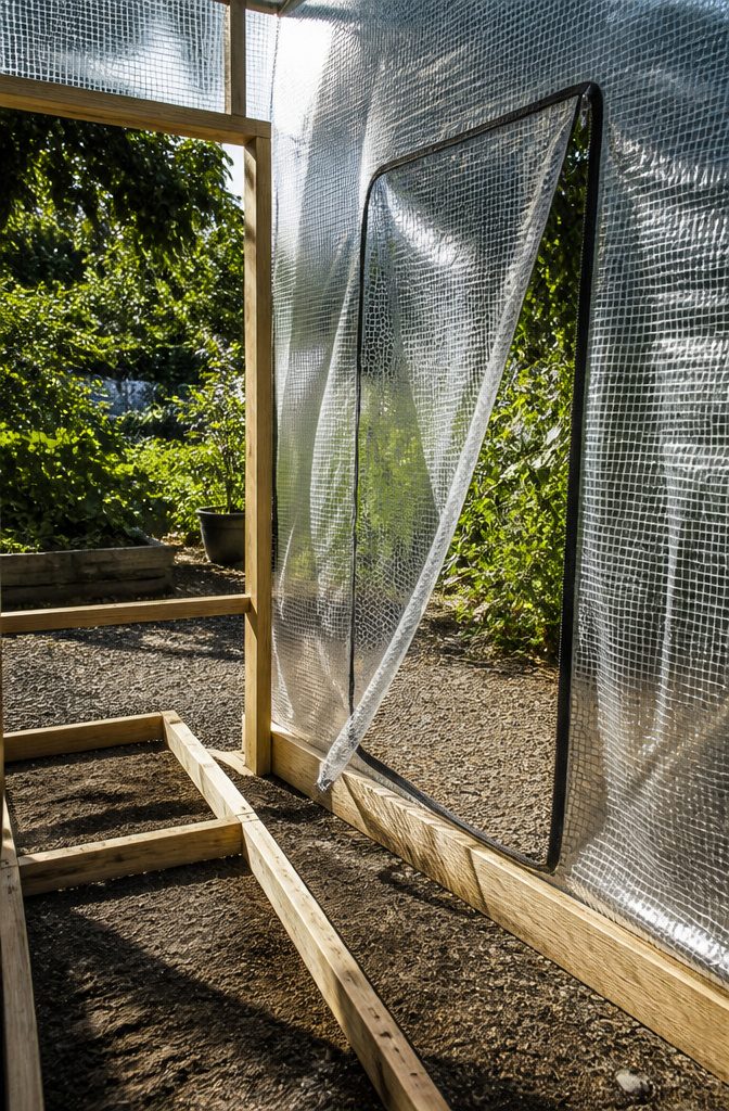 A greenhouse door featuring a vinyl cover with zippers for opening.
