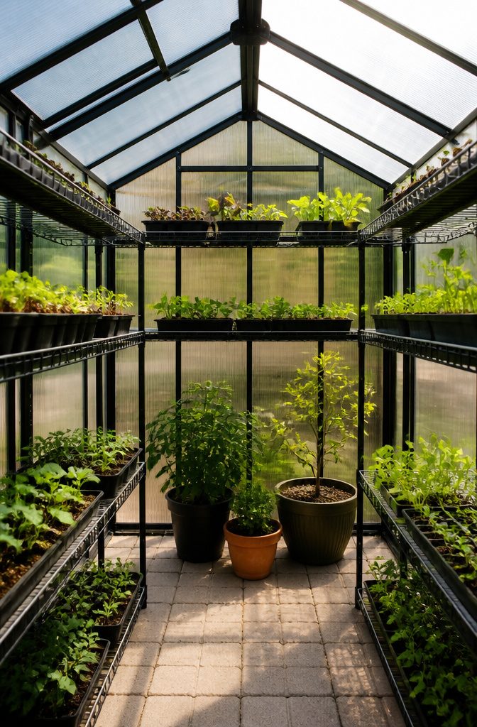 Wire closet shelving arranged at different heights inside a greenhouse.