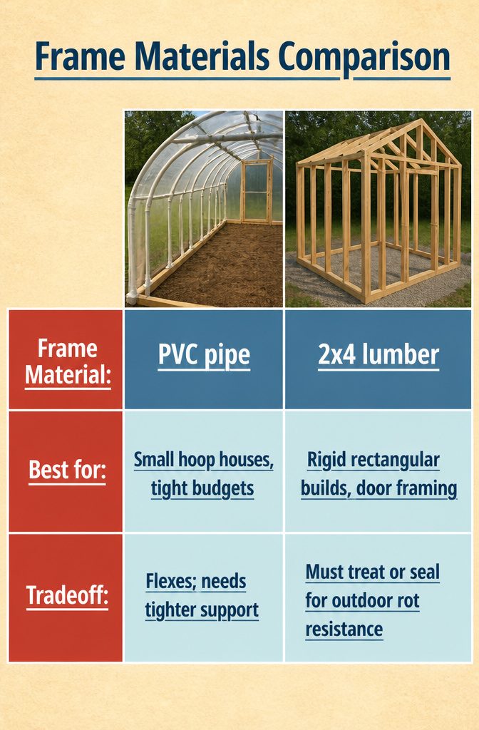 A table comparing various frame materials for greenhouse construction.