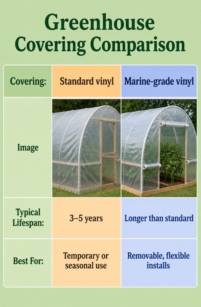 A graphic comparing different types of greenhouse coverings and their lifespans.