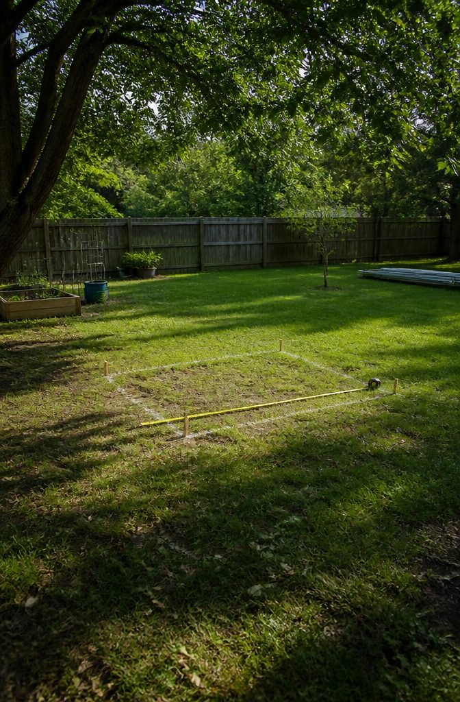 A marked area in a yard showing the planned footprint for a greenhouse.