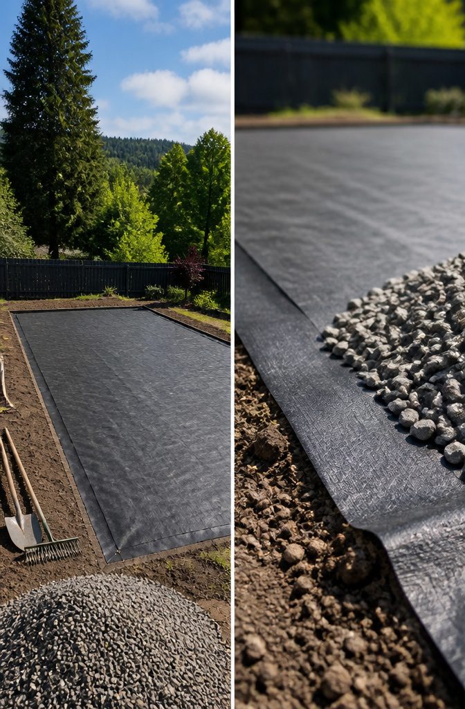 Gravel spread evenly over landscape fabric for greenhouse site preparation.