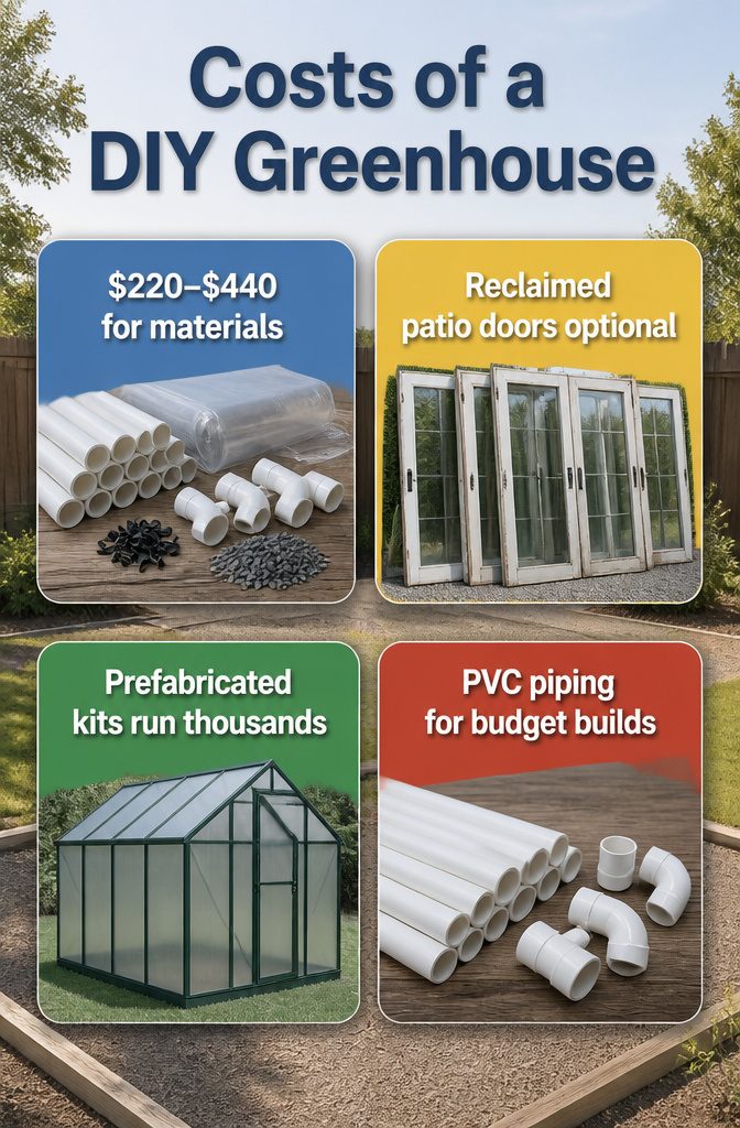 A chart showing estimated costs for materials needed for a DIY greenhouse.