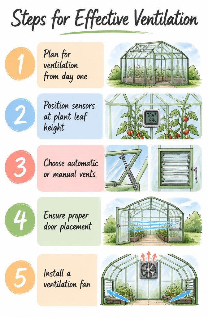A visual guide illustrating steps for proper greenhouse ventilation.