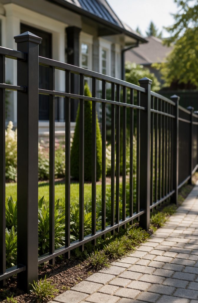 An aluminum fence with vertical pickets, highlighting its ornamental look.