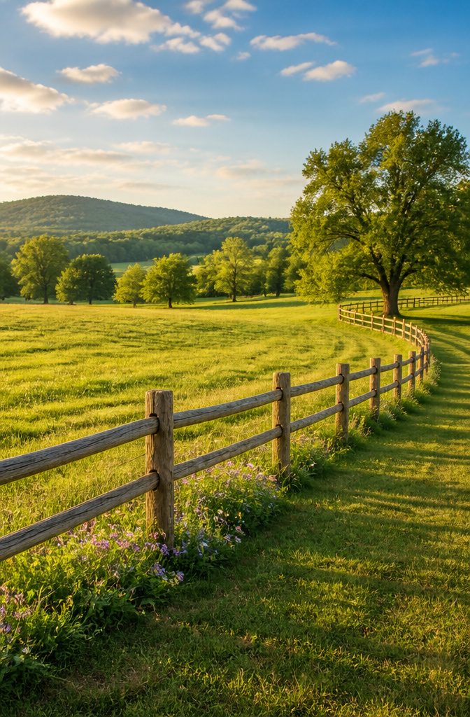 A cedar split rail fence in a garden, emphasizing its simple design.