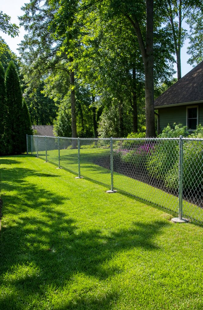 A chain link fence installed around a yard, showing its open design.