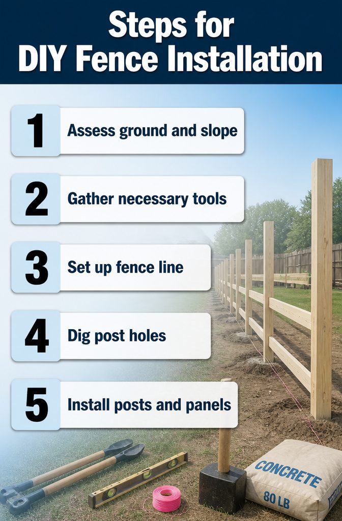 Steps for installing a fence, showing tools and materials needed.
